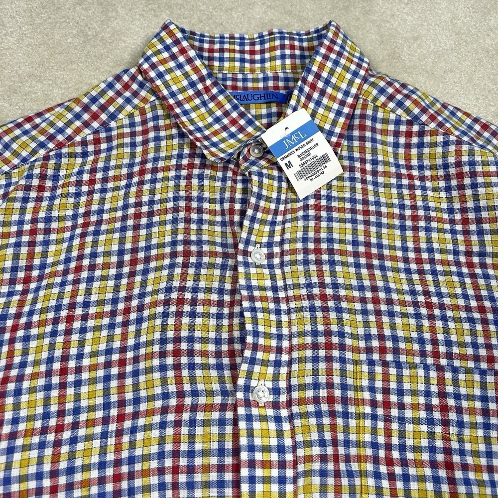 J McLaughlin Gramercy Linen Shirt Mens Med Long Sleeve Gingham Plaid Button Up